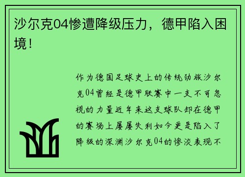 沙尔克04惨遭降级压力，德甲陷入困境！